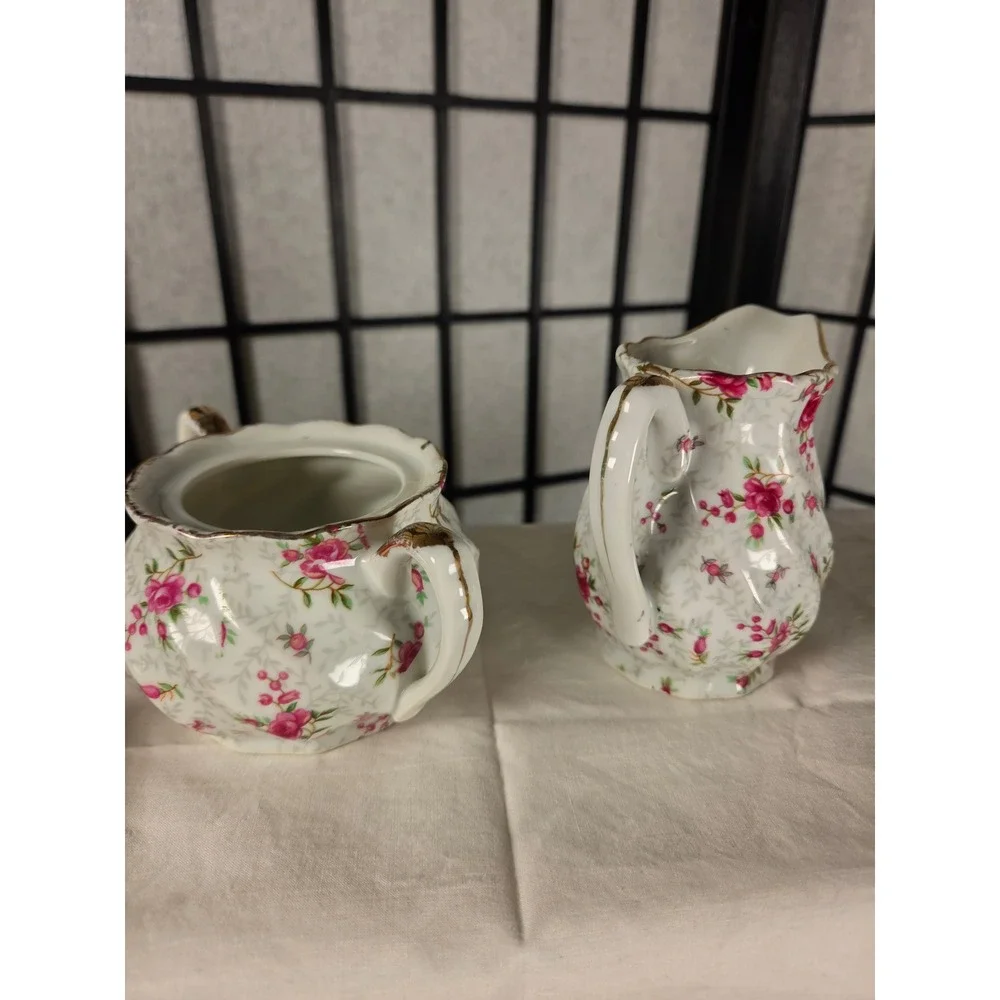 Vintage Porcelain Pink Rosebud Creamer and Lidded Sugar Bowl Set Gold Trim